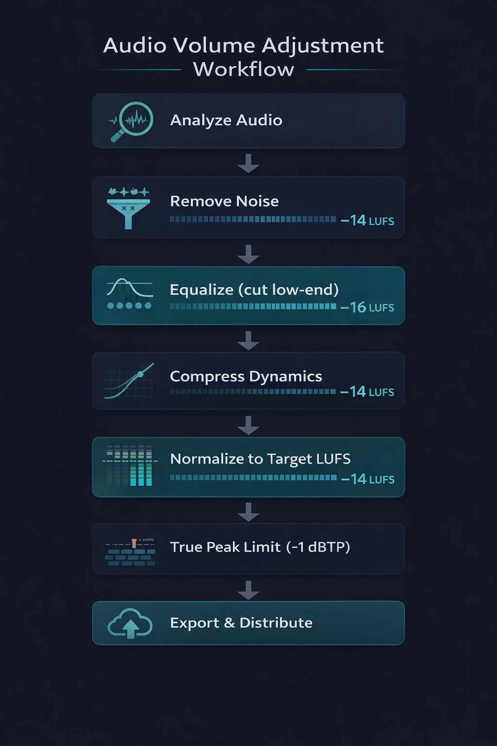 Flowchart of the professional video volume adjustment workflow: from the analysis stage to the final export for streaming platforms