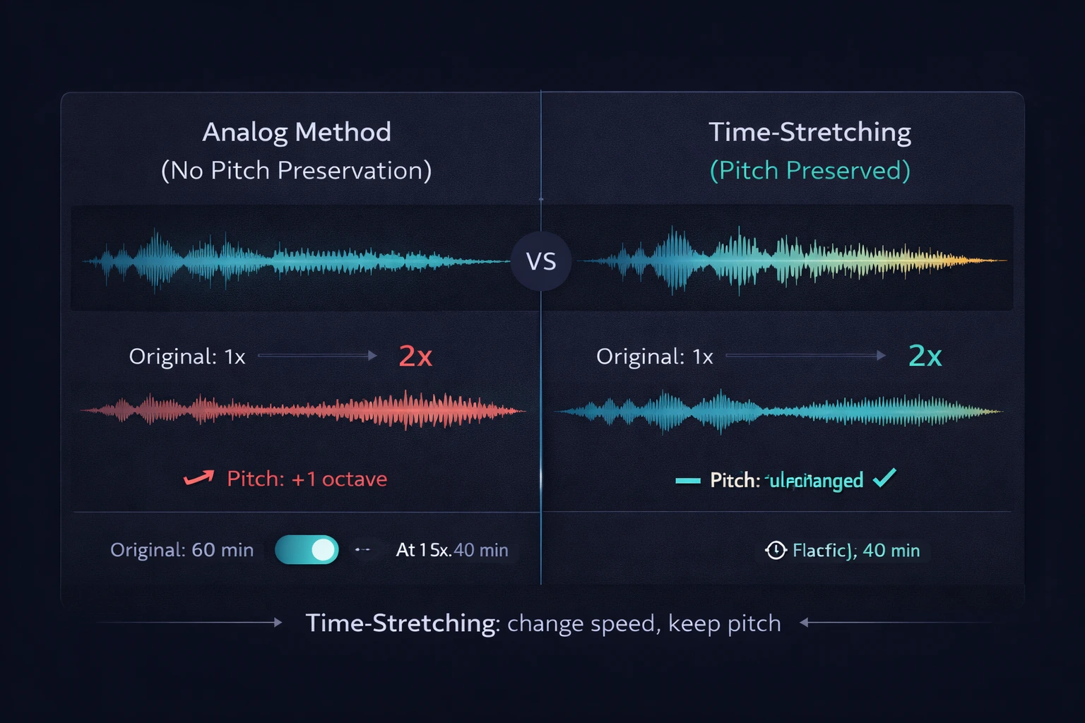 Diagrama comparativo entre alteração de velocidade com e sem preservação de tom: método analógico (pitch muda com velocidade) vs time-stretching (tom preservado)