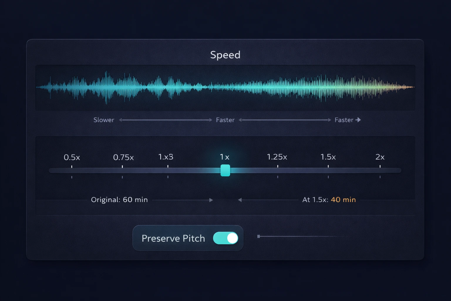 Interface de controle de velocidade de vídeo mostrando um slider de velocidade entre 0.5x e 2x com frames do vídeo ao fundo — Edit-Video.Online