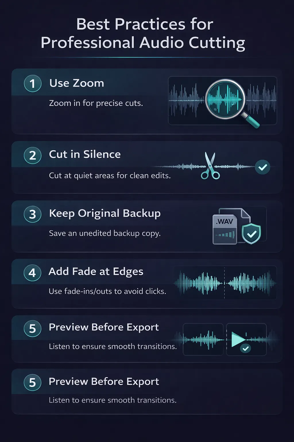 Illustration with the five best practices for professional audio cutting: zoom into the waveform, cut in silence, backup the original, add fade at edges, and verify the transition
