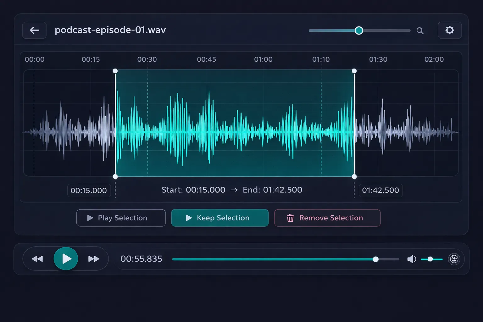 Audio-Editor Online cutting tool interface with a selected region on the waveform and keep/remove selection buttons