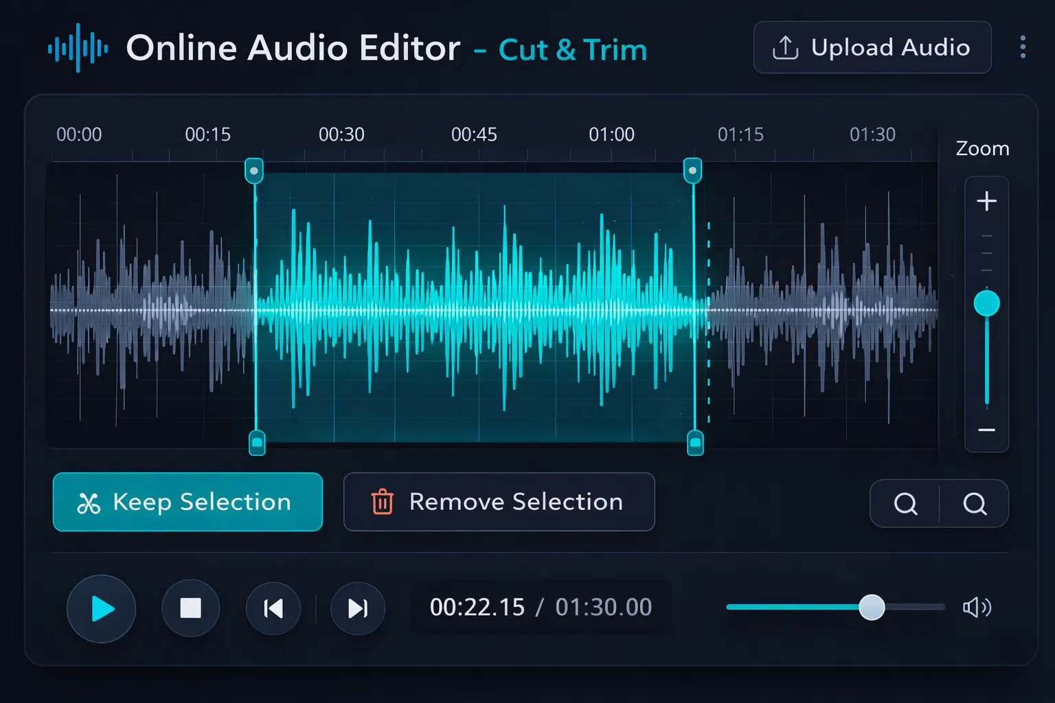 Online video editing interface showing a timeline with a selected region for cutting — Edit-Video.Online