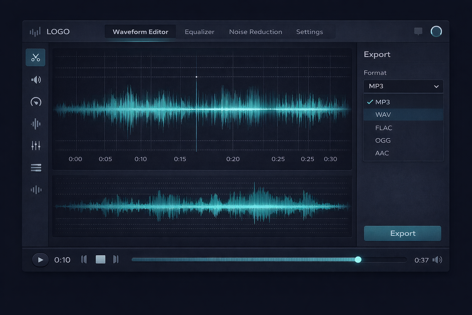 Complete online video editor interface with player, editing tools, and export controls — Edit-Video.Online