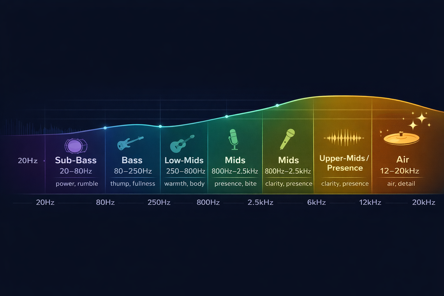 Visual diagram of the audio frequency spectrum divided into regions: sub-bass, bass, mids, and treble with examples of instruments and voices in each band