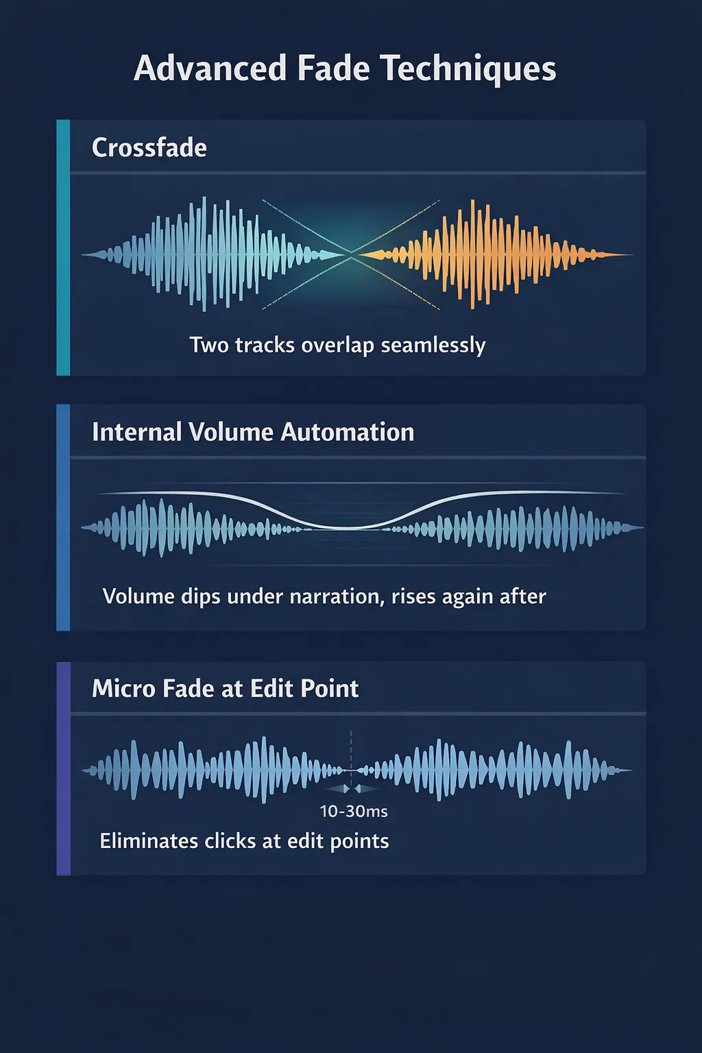 Illustration showing three advanced fade techniques: crossfade between tracks, internal fade for volume automation, and micro fade for smoothing edit cuts
