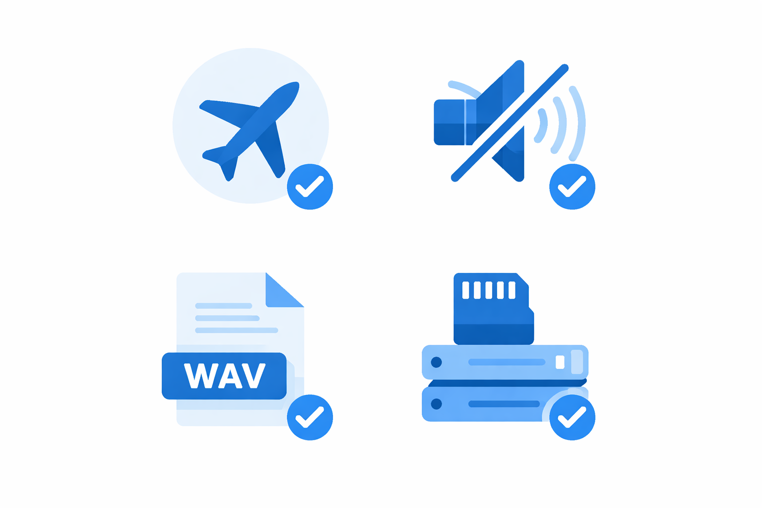 Infographic with four essential phone settings for audio recording: airplane mode, disabled auto-processing, WAV format, and free storage