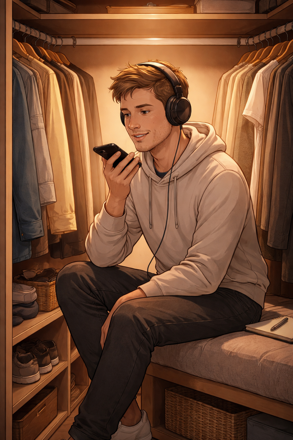 Person recording audio in a closet full of clothes with phone — affordable solution to reduce echo without acoustic treatment