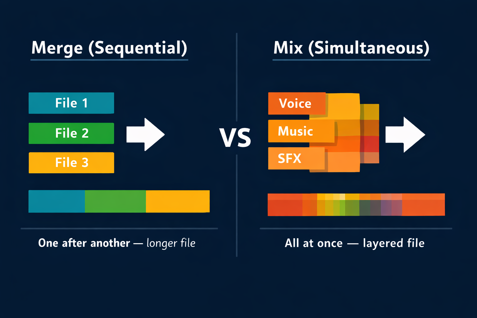 Comparative diagram between merging audio (files in sequence, one after another) and mixing audio (files overlaid playing simultaneously)