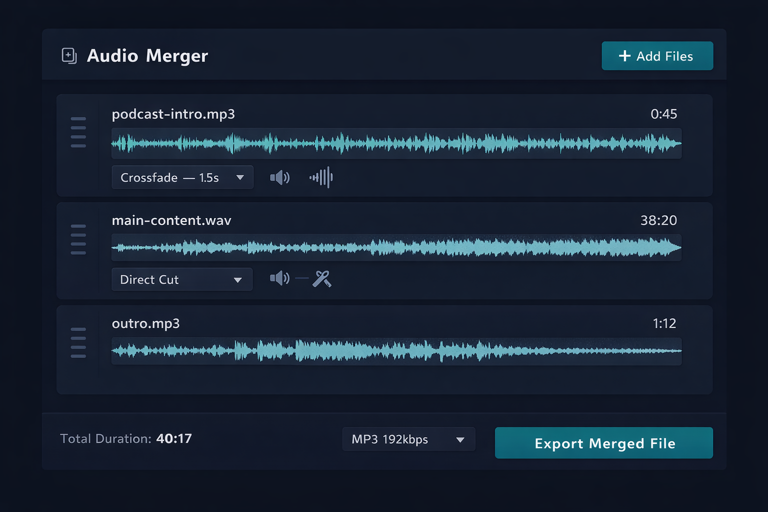 Audio-Editor Online merge tool interface showing file list in order with transition options between each segment