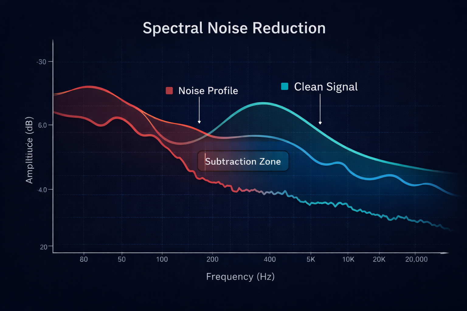 Technical diagram showing the spectral subtraction process used in digital noise reduction