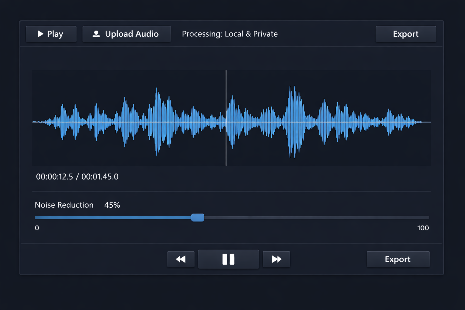 Audio-Editor Online noise reduction tool interface featuring an intensity slider