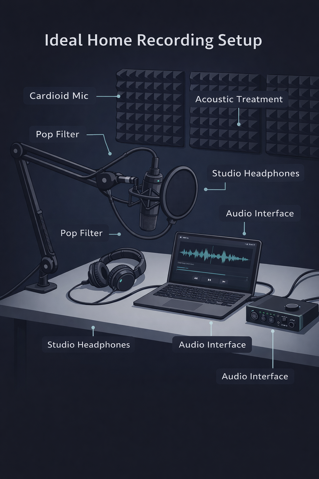 Illustration of an ideal home recording setup for podcasts with a cardioid microphone, audio interface, and acoustic treatment panels