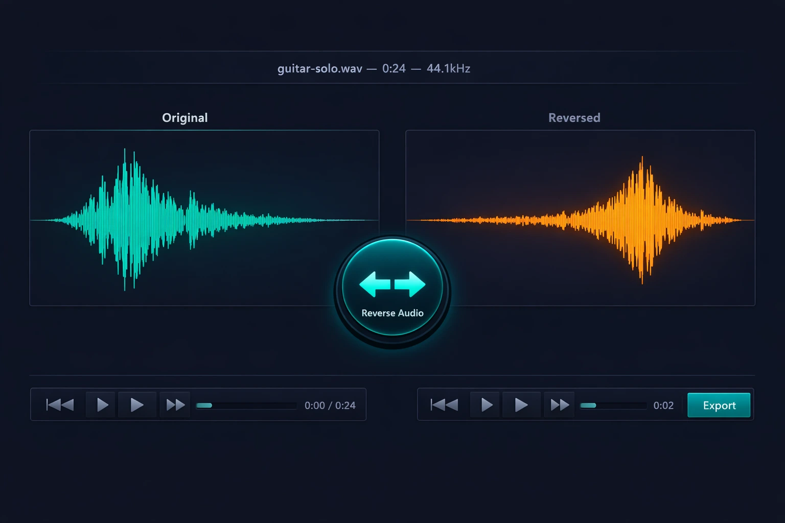 Audio-Editor Online audio reversal tool interface showing the original waveform and the reverse button, with result preview